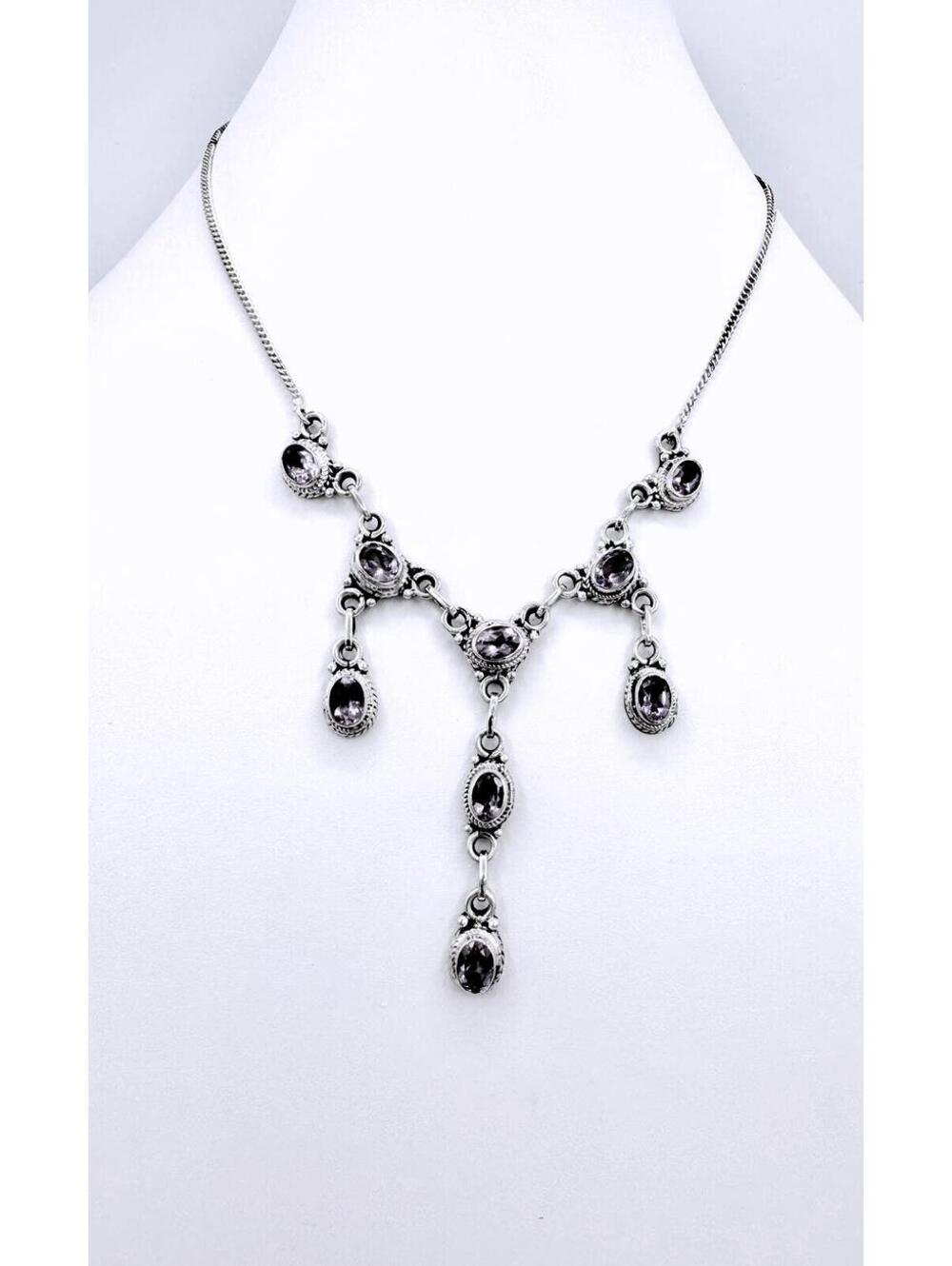 Italian ornate silver plated oval-cut amethyst in festoon-style necklace